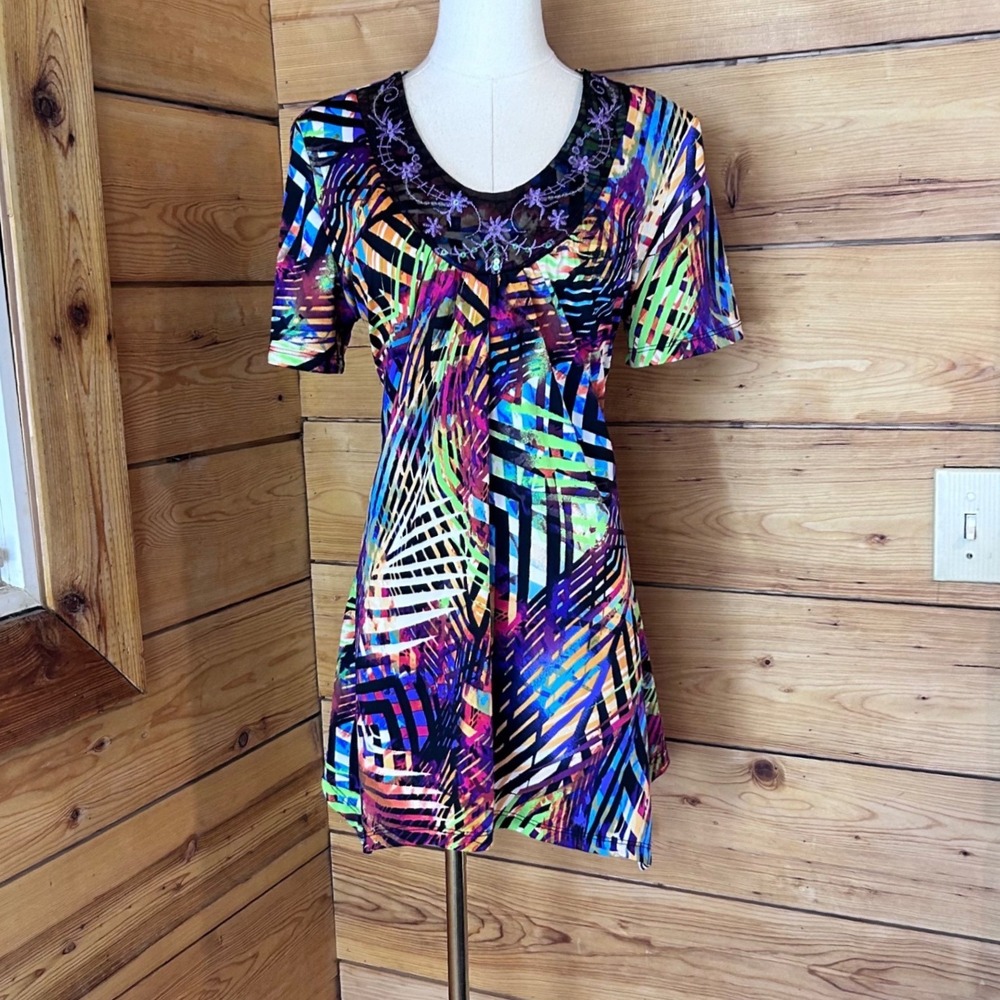 Tunic Top Dress Large Multi Neon Geometric Abstract Mesh Y2K Initiatives